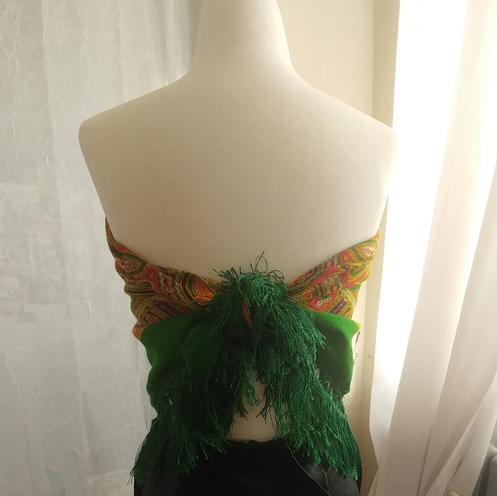 Retro Scarf Green Fringe Perfect Tied Tube Top - Picture 2 of 12